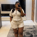European and american style women's clothing  autumn new collection: sweet and fresh turn-down collar short-sleeve cinched waist blouse with high-waisted straight-leg shorts two-piece set