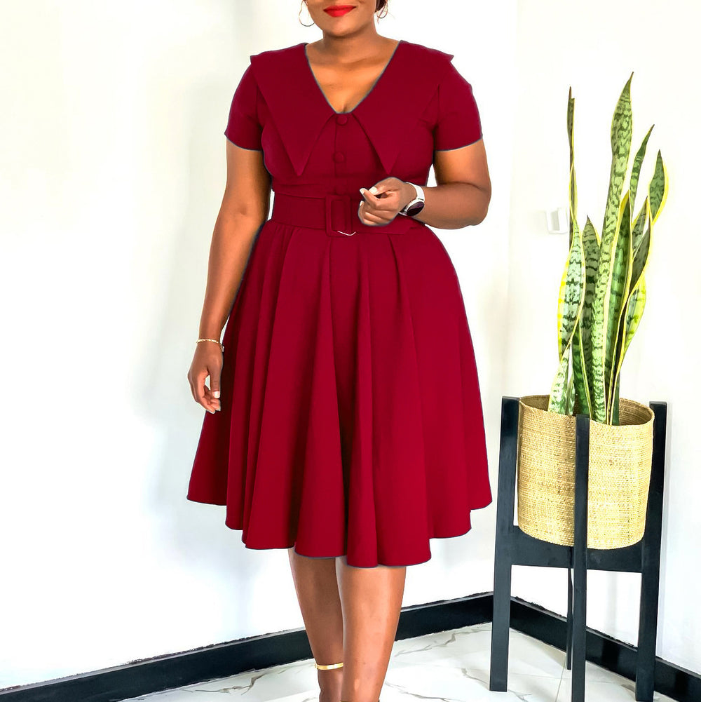 D588  foreign trade women's fashion european and american style elegant peter pan collar short sleeve stretchy a-line african dress