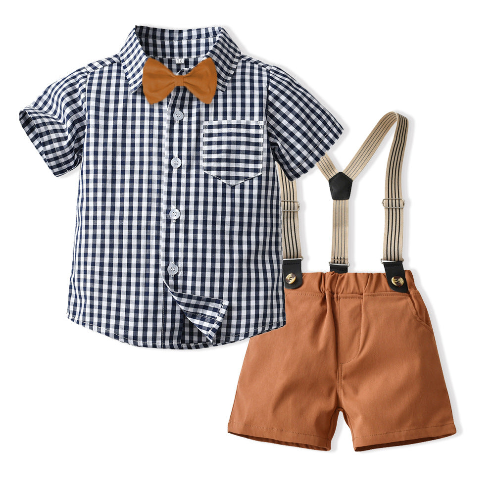 Boys' summer new arrival: preppy plaid shirt set - stylish short-sleeve overalls for toddlers and young children