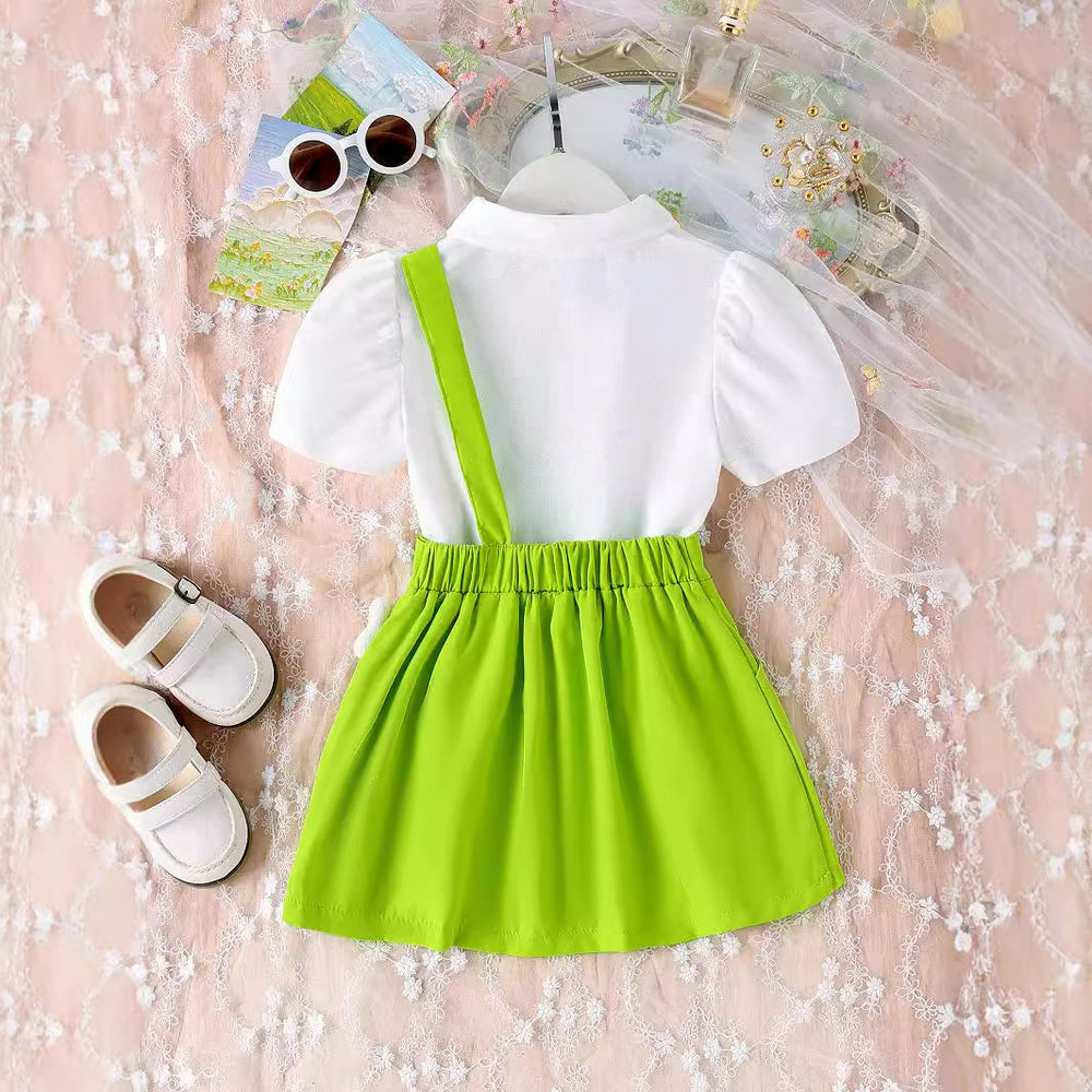 24 new cross-border children's clothing: european and american style girls' outfit - short-sleeve shirt with cute bunny suspender skirt two-piece set
