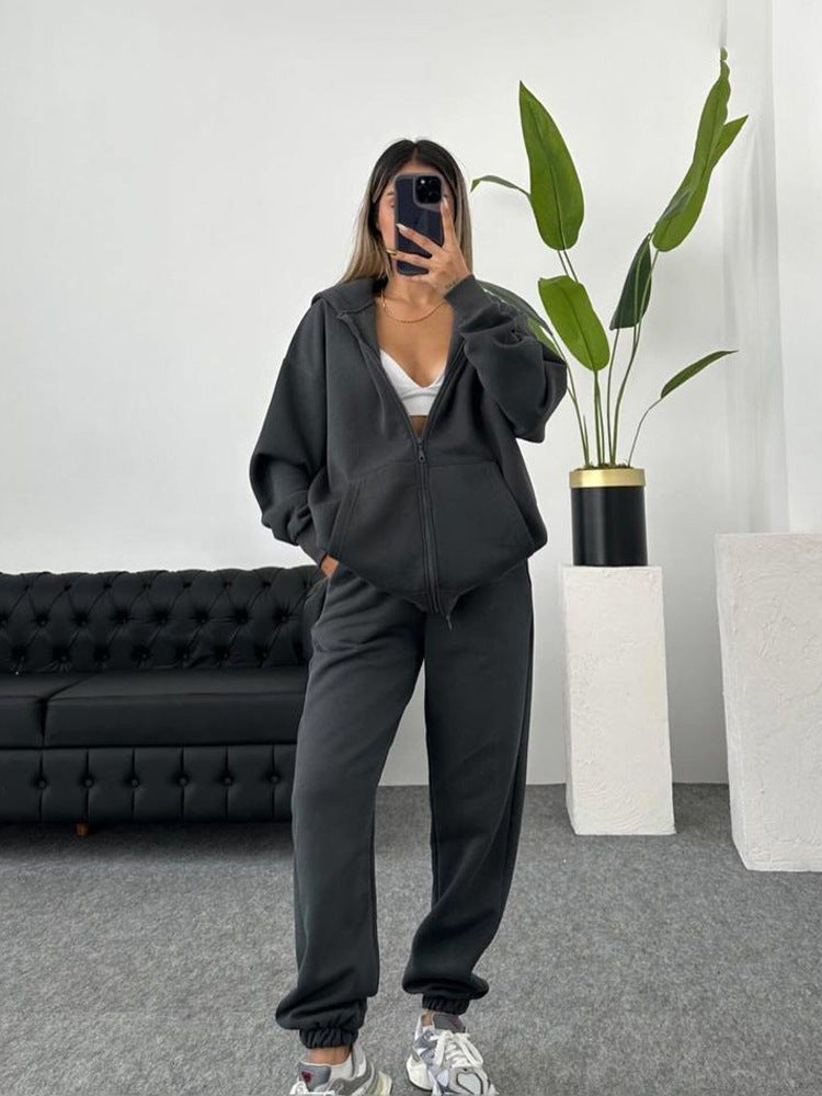 European and American independent station  autumn and winter  women's clothing fashion long-sleeved hooded sports cardigan casual trousers set