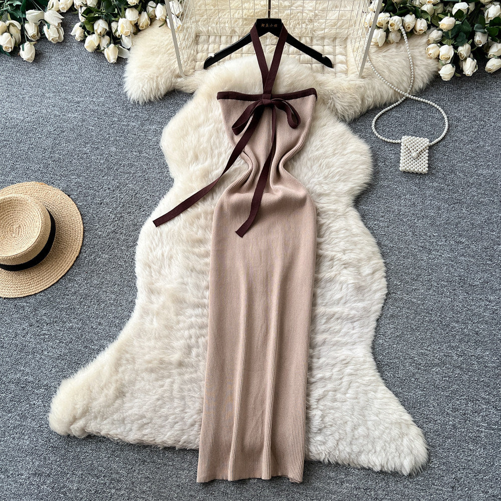 Korean style halter neck sweet & spicy girl knitted dress - women's summer bow-tie bodycon skirt - sexy vacation vibe