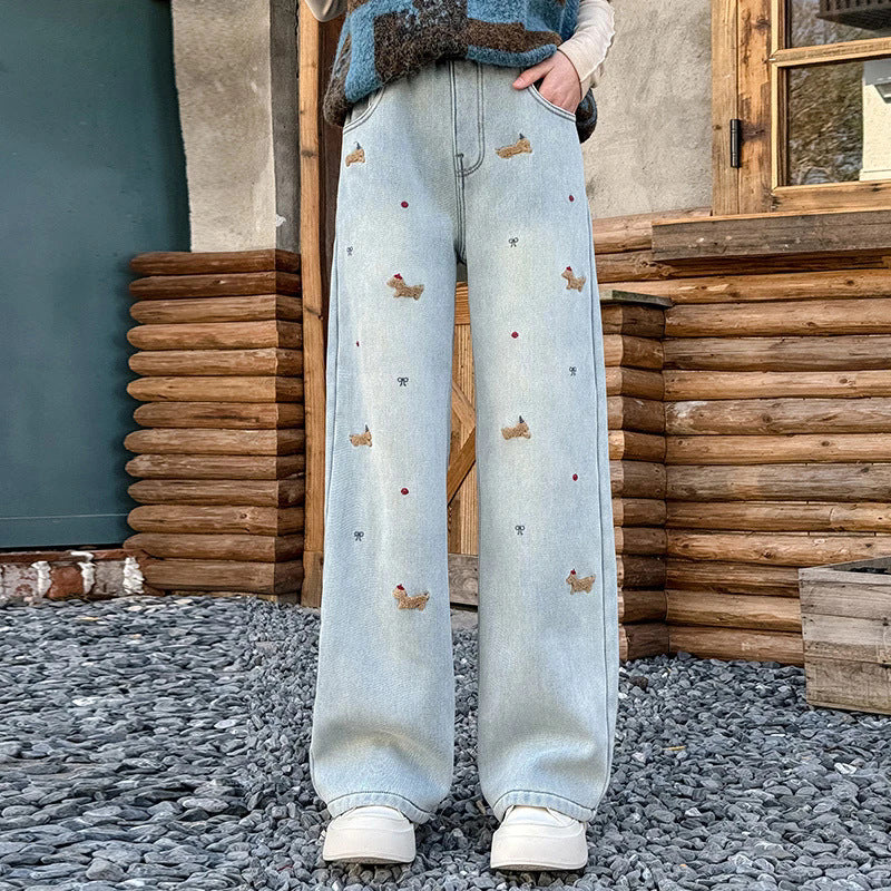 Girls' spring new casual versatile jeans  jacquard wide-leg jeans - stylish and trendy for girls