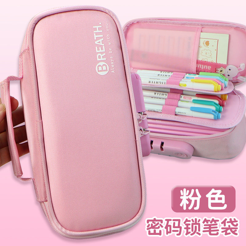 Cross-border password lock pencil bag, large capacity four-layer multi-functional stationery bag, simple anti-theft stationery box for primary and secondary school students