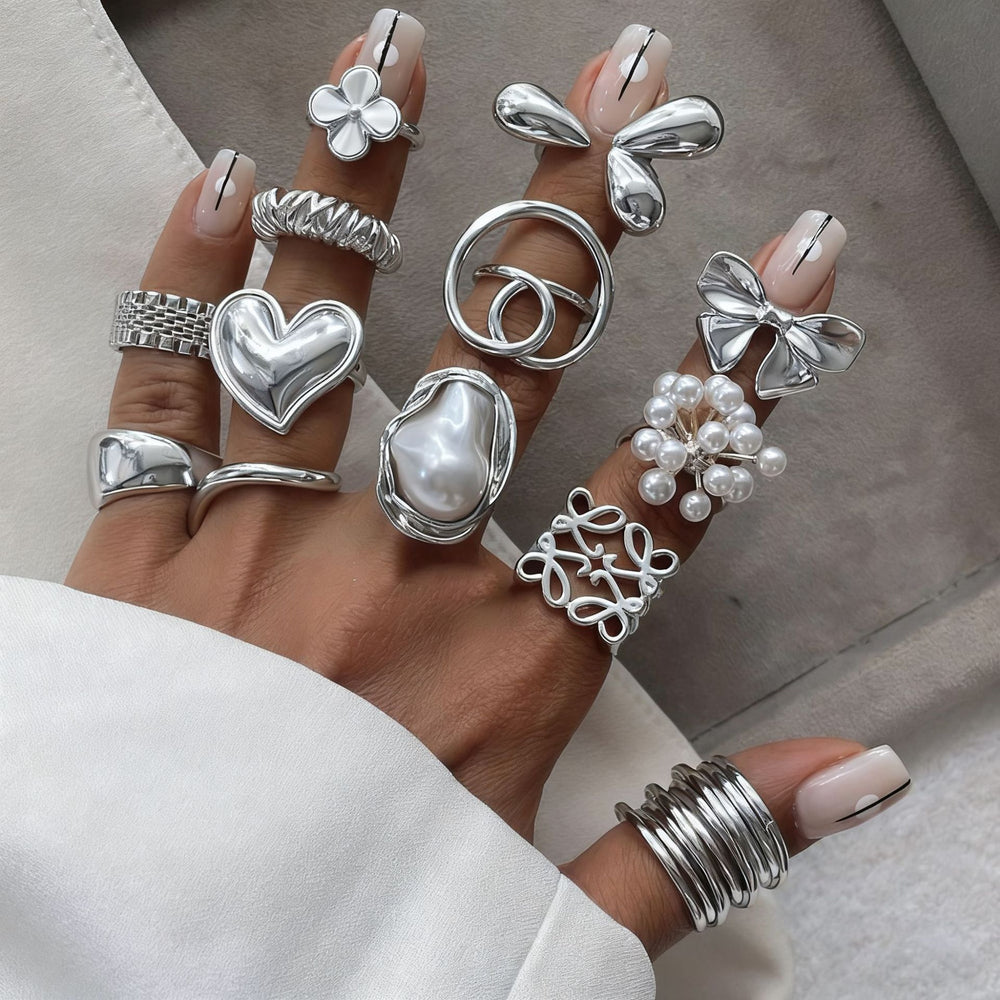 Women's ring set wholesale - european & american cross-border faux pearl jewelry - vintage, light luxury, high-end heart & bowknot finger rings