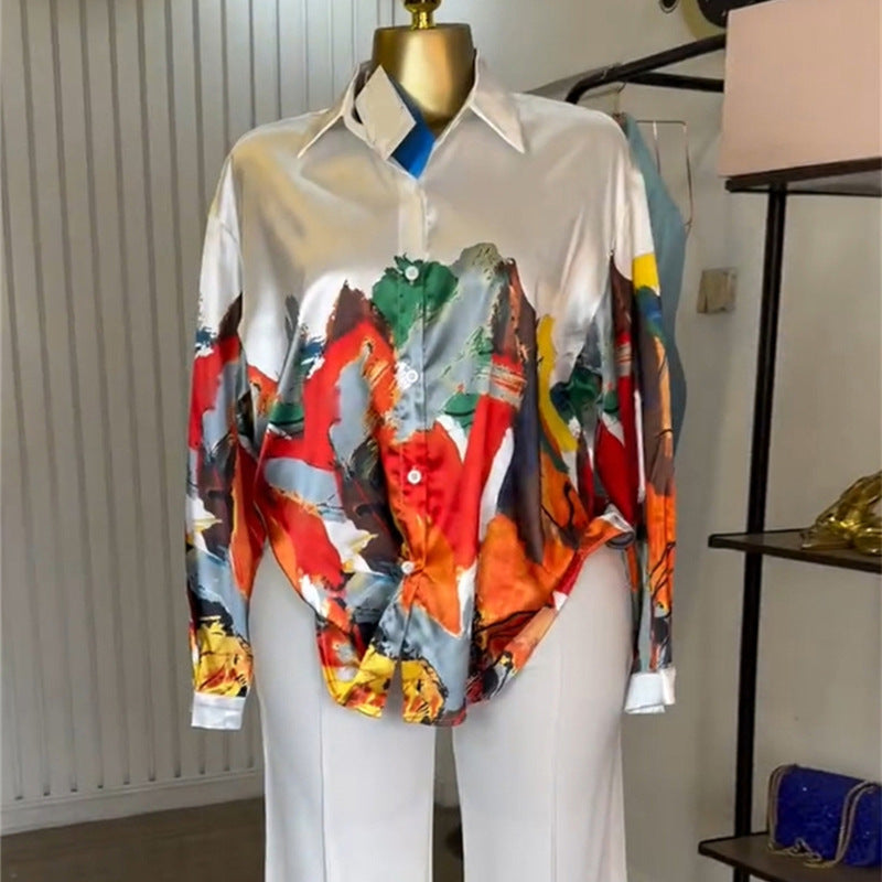 European and american cross-border women's fashion  summer new arrival: elegant turn-down collar, loose-fit printed long-sleeve shirt and wide-leg pants set