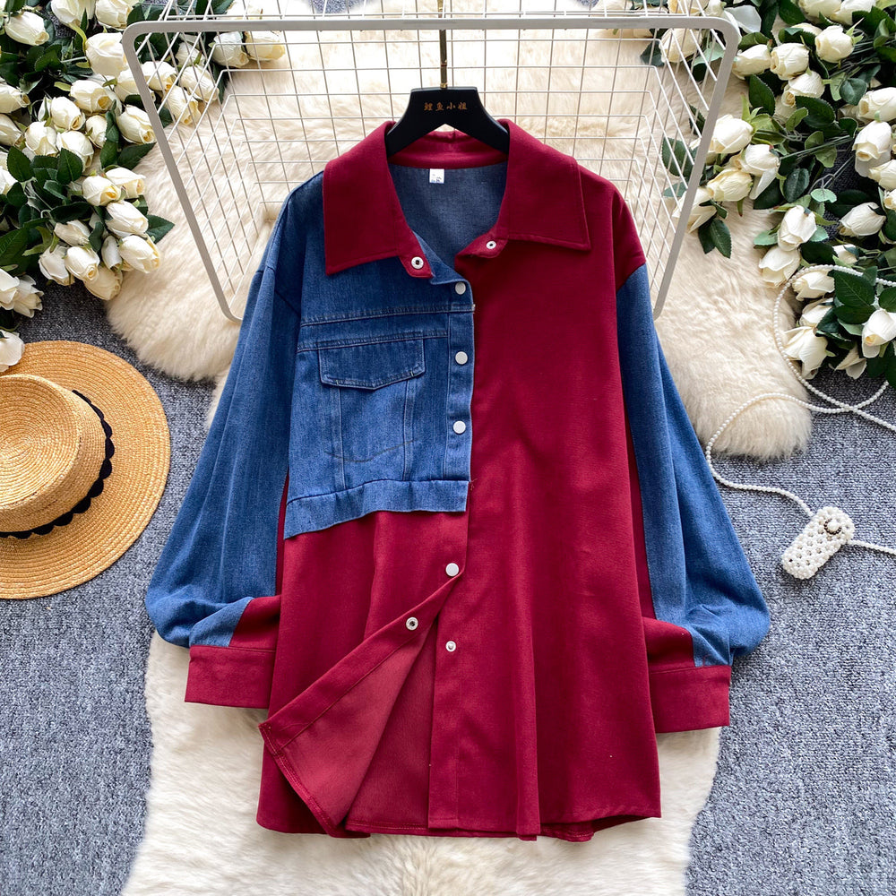 Trendy retro patchwork denim shirt for women - long sleeve, loose fit, cardigan style, versatile and chic top for autumn