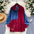 Trendy retro patchwork denim shirt for women - long sleeve, loose fit, cardigan style, versatile and chic top for autumn