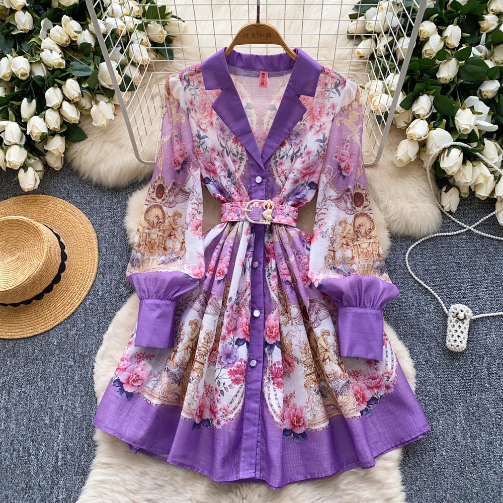 French spring dress women's  new retro suit collar long sleeve waist single breasted printing a line skirt