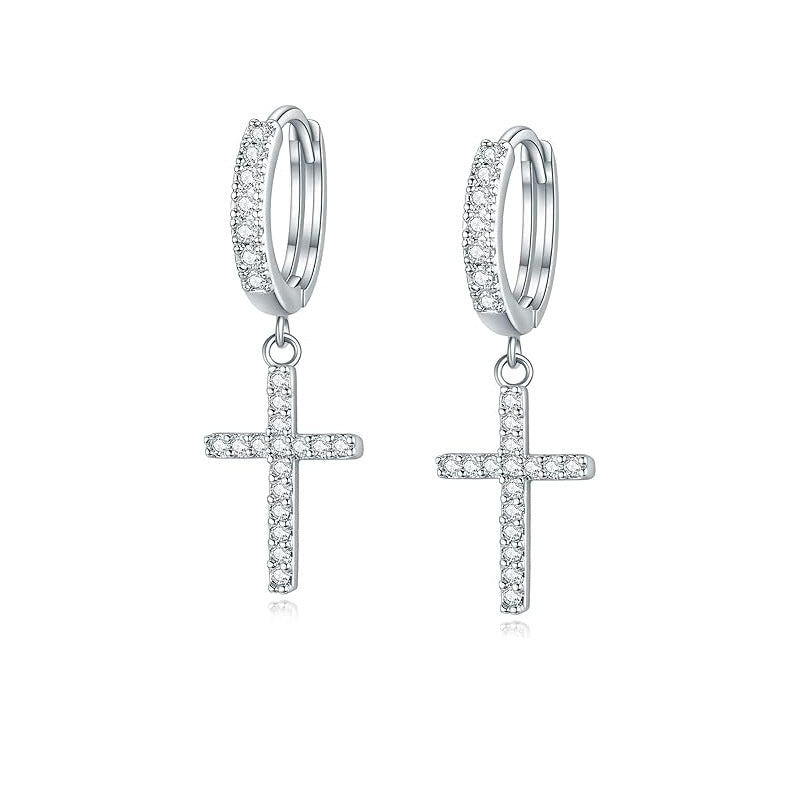 European and american high-end s925 sterling silver ins cross earrings, full zircon personalized stud earrings, trendy and versatile for men and women