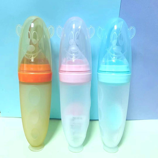 Upgraded version can stand cartoon baby rice paste rice noodles complementary food feeding bottle, silicone rice paste bottle, bowl and spoon integrated