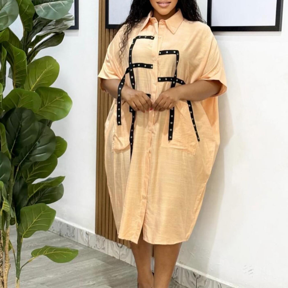 D3334export women's clothing  women's short-sleeved fashion loose lapel shirt mid-length shirt cross-border dress