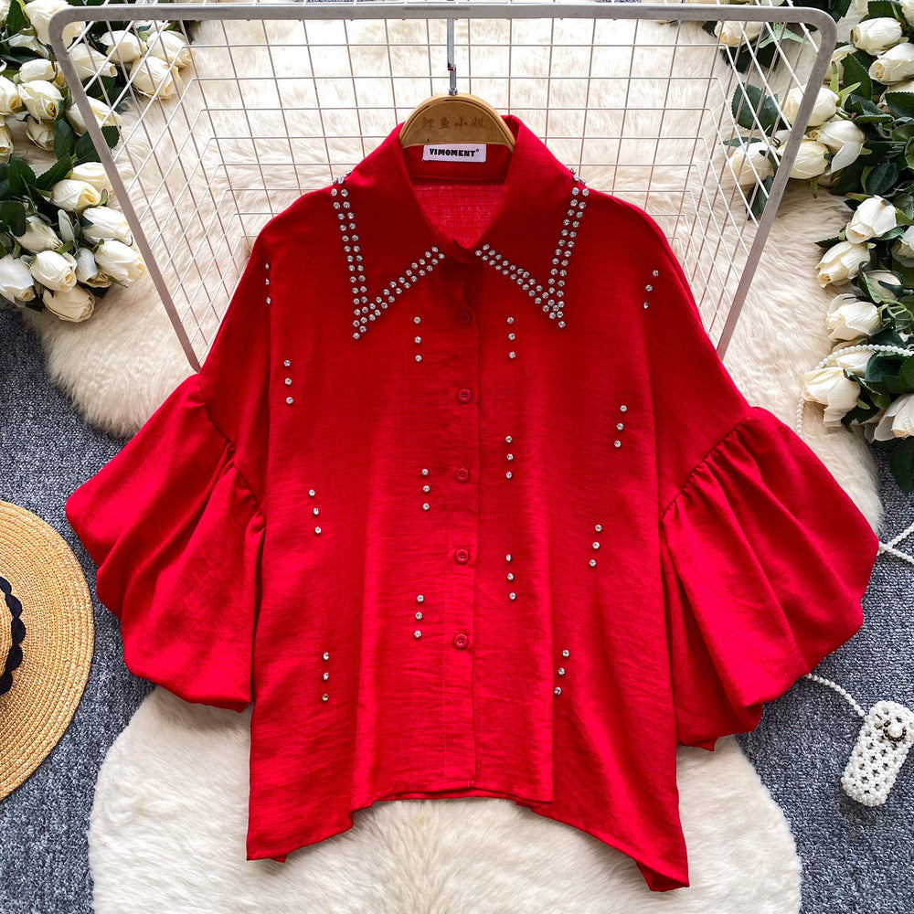 French-style heavy beaded lapel diamond-embellished shirt for women - summer lantern sleeve cardigan, loose fit, versatile, high-end top