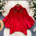 French-style heavy beaded lapel diamond-embellished shirt for women - summer lantern sleeve cardigan, loose fit, versatile, high-end top