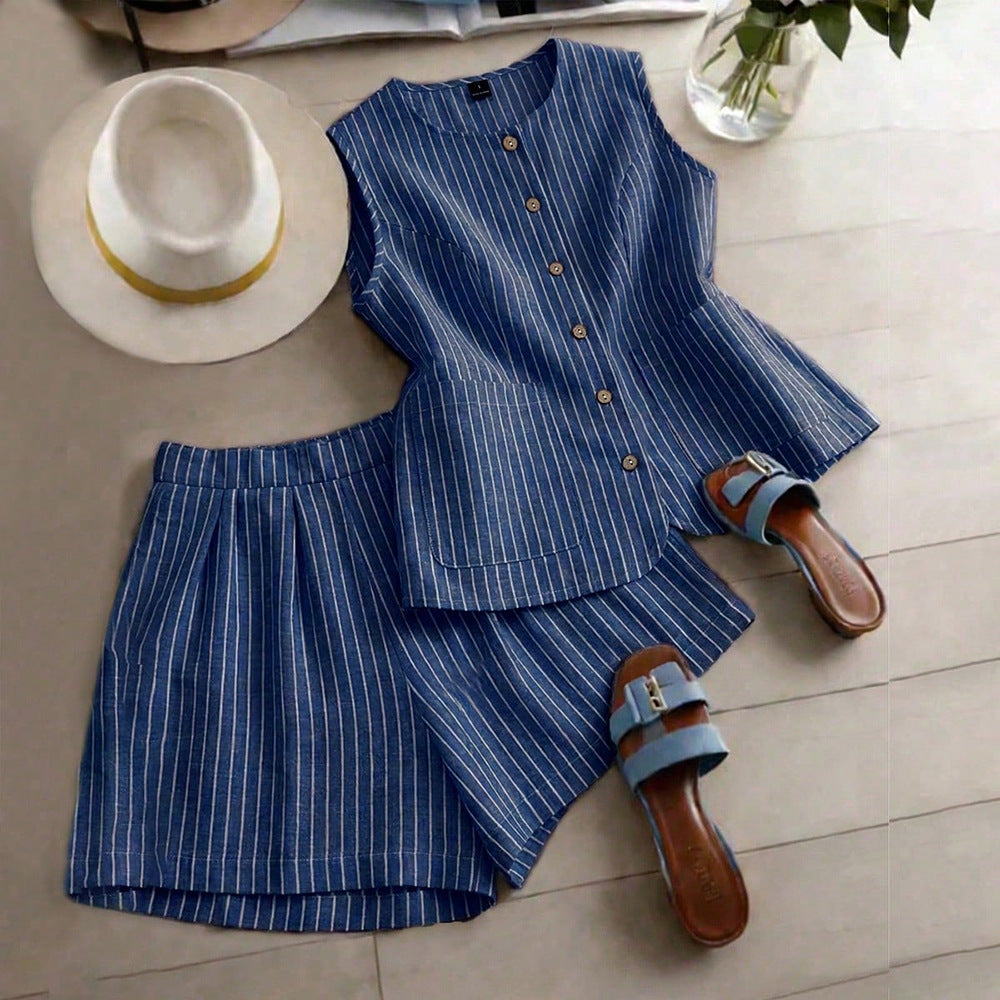 fashion  summer new striped sleeveless top + shorts set - commute & casual two-piece outfit