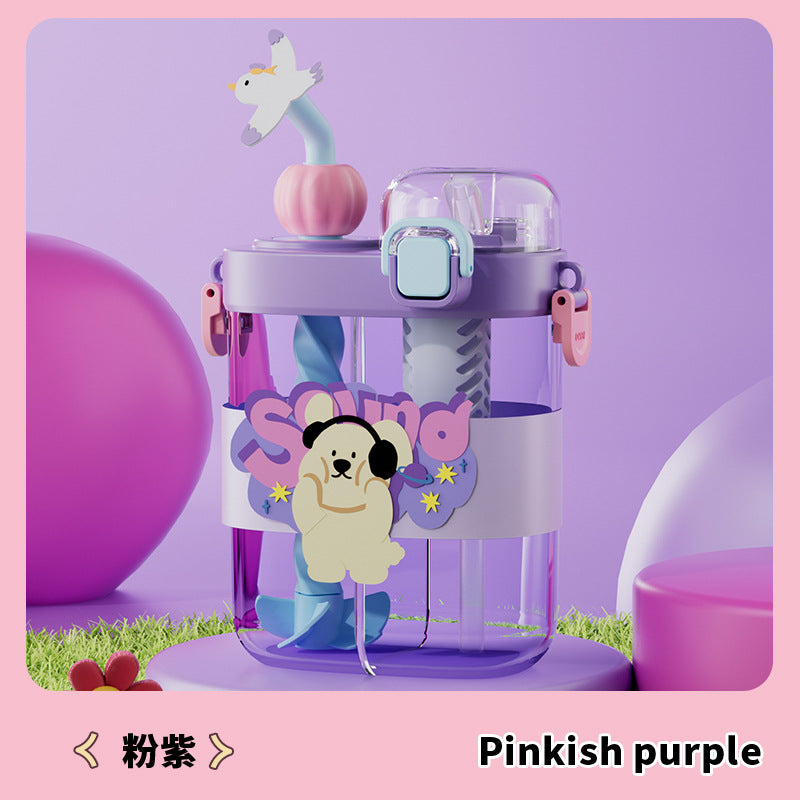 Kids' divided water bottle with stirring function, dual-drink straw cup, portable sports plastic water bottle for students