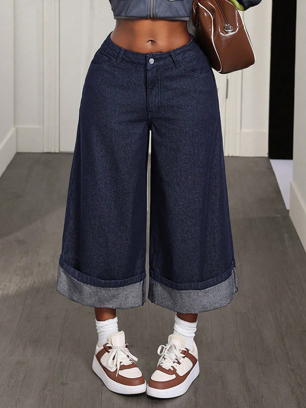 60 in stock-16506  cross-border foreign trade straight-legloosecasual women's curled nine-point pants denim pants