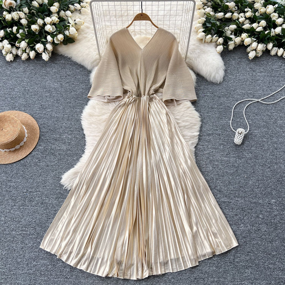 Miya european and american pleated dress for women summerclassyaccessible luxuryv neck bat sleeve waist metal pleated long skirt