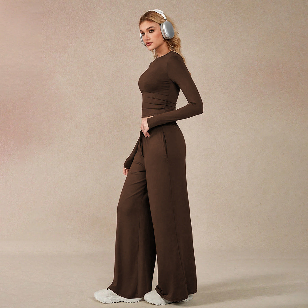 European and american lazy style two-piece set: brown long-sleeve cropped top and wide-leg casual pants - fashionable and comfortable women's outfit
