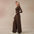 European and american lazy style two-piece set: brown long-sleeve cropped top and wide-leg casual pants - fashionable and comfortable women's outfit