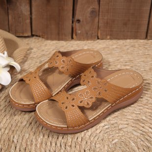 plus size women's shoes  new arrivalfashion flower wedge thick bottom sandals women's stitching retro one-line slippers for women