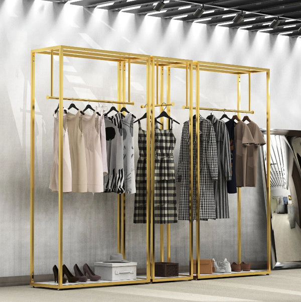 Customized clothing display rack Floor-to-ceiling gold display rack Dress shoes T-shirt Retail store clothing rack Clothes display rack