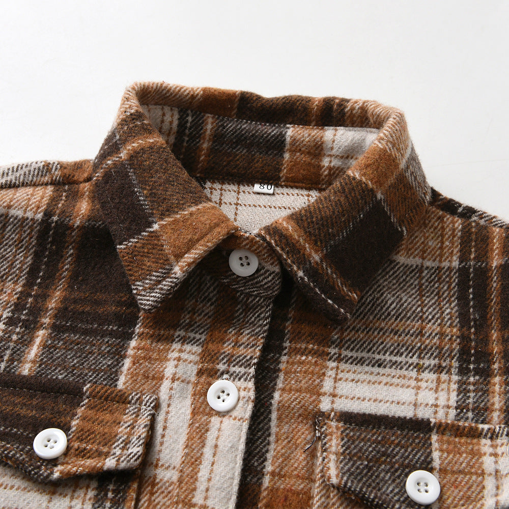 New plaid shirt for boys and girls - autumn/winter outerwear - spring/autumn boys' lapel open collar children's shirt