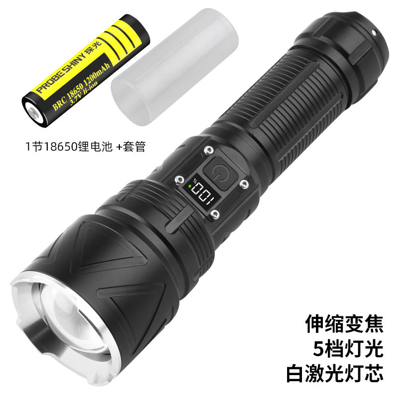 Cross-border new white laser flashlight digital display telescopic zoom TYPE-C charging can output strong light flashlight