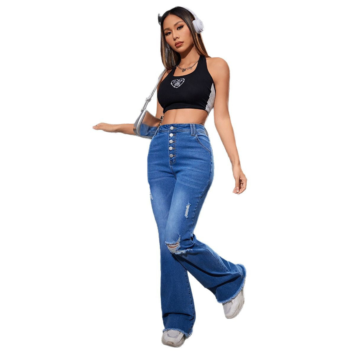 Cross-border European and American new high-waisted slim-fitting four-grain buckle thin washed holes slightly pulled casual denim trousers women
