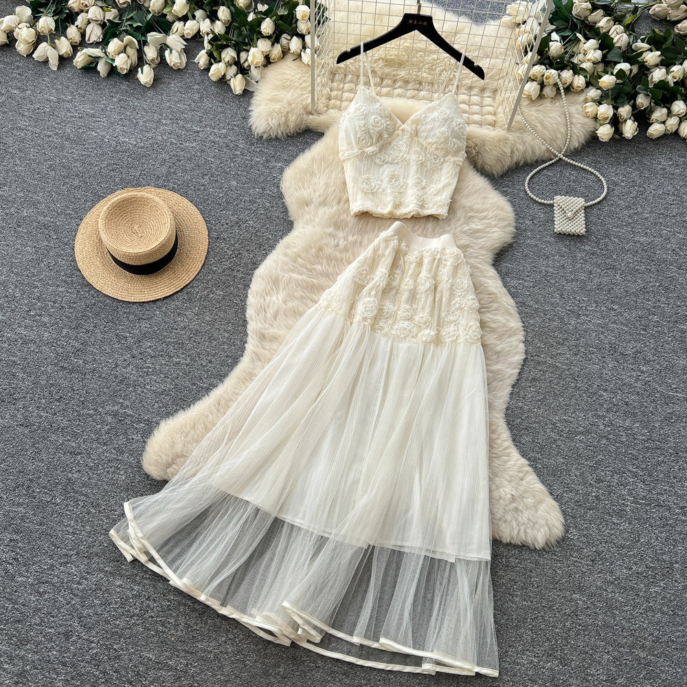 French romantic lace camisole and mesh skirt two-piece set - women's summer slimming chic fashion outfit