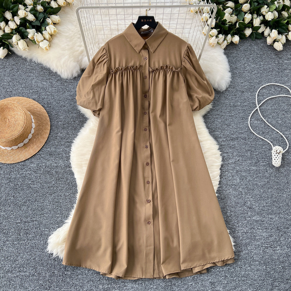 Lazy style dress women's korean style fashionsense of design lantern sleeves pleated single-breasted slimming lookloose shirt skirt