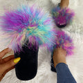 Women's faux fur slippers - european & american style, fashionable home slippers, real fur flat bottom ostrich feather slides, warm cotton slippers
