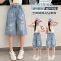 Girl hot diamond denim mid-pants summer style pants kids middle-aged and big kids shorts easiest for matchsummer thin half length pants
