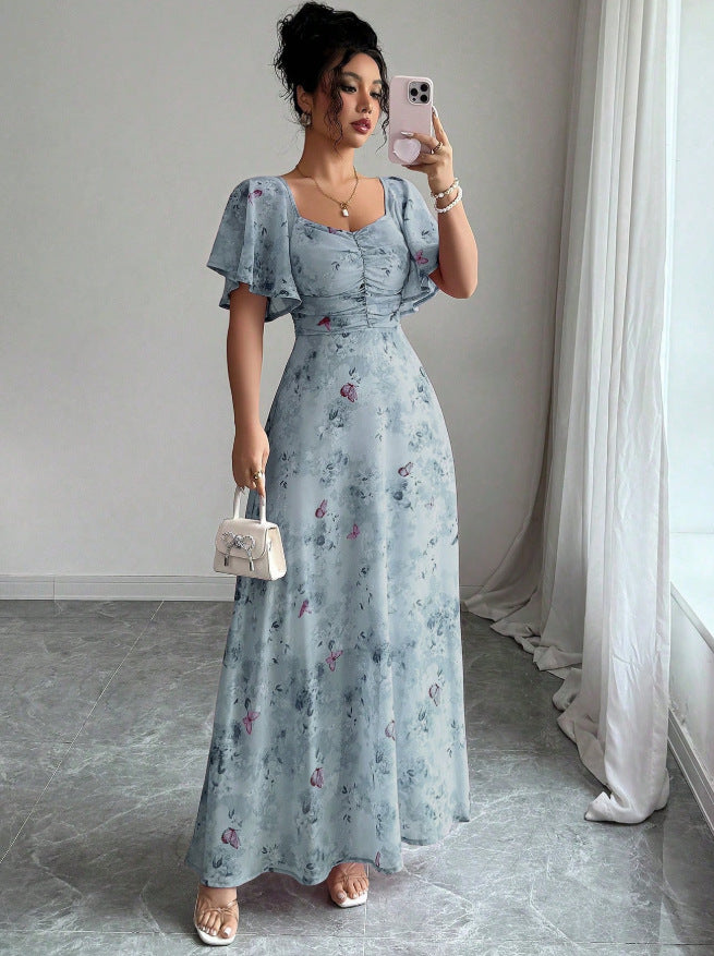 cross-border  hot-selling european and american style square neck puff sleeve floral dress