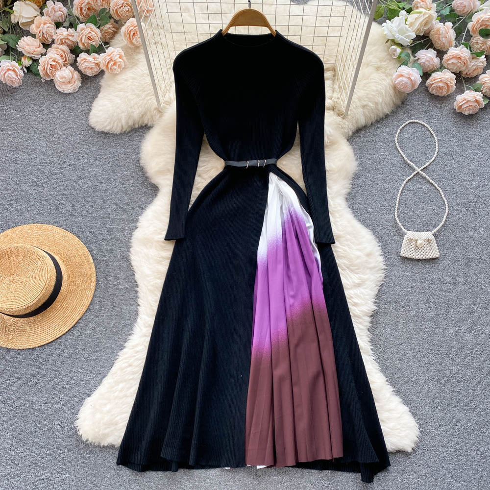 French hepburn style elegant knit patchwork gradient pleated slim-fit waist-defining maxi dress - new autumn collection for women