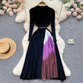 French hepburn style elegant knit patchwork gradient pleated slim-fit waist-defining maxi dress - new autumn collection for women