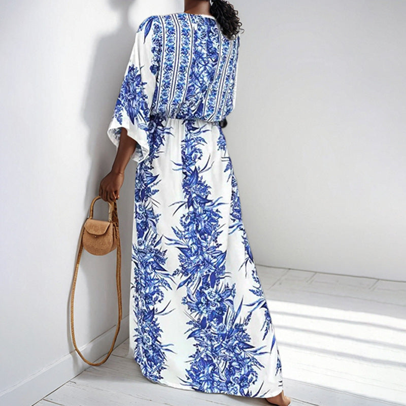 women's summer new arrivals:  cross-border fashion - elegant printed v-neck tie-strap maxi dress