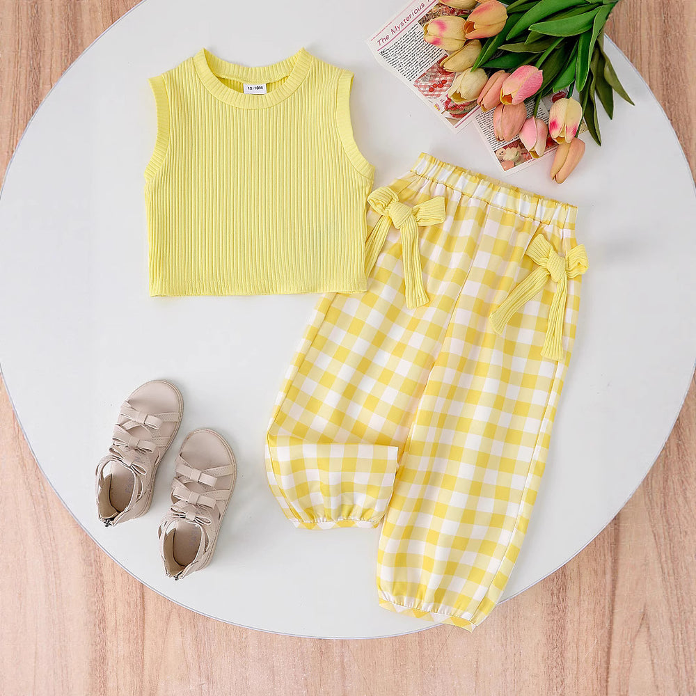 Children's clothing  fashion children's clothing girl purple vest + plaid pants cross-border