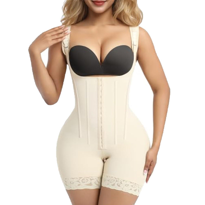 tummy control butt lift front-breasted body shaping jumpsuit with adjustable shoulder straps and crotch zipper one-piece corset shaping