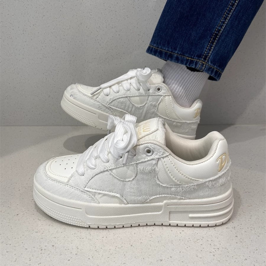 Niche chic distressed denim chunky sole bread shoes - women's trendy versatile skate shoes, height increasing student white sneakers