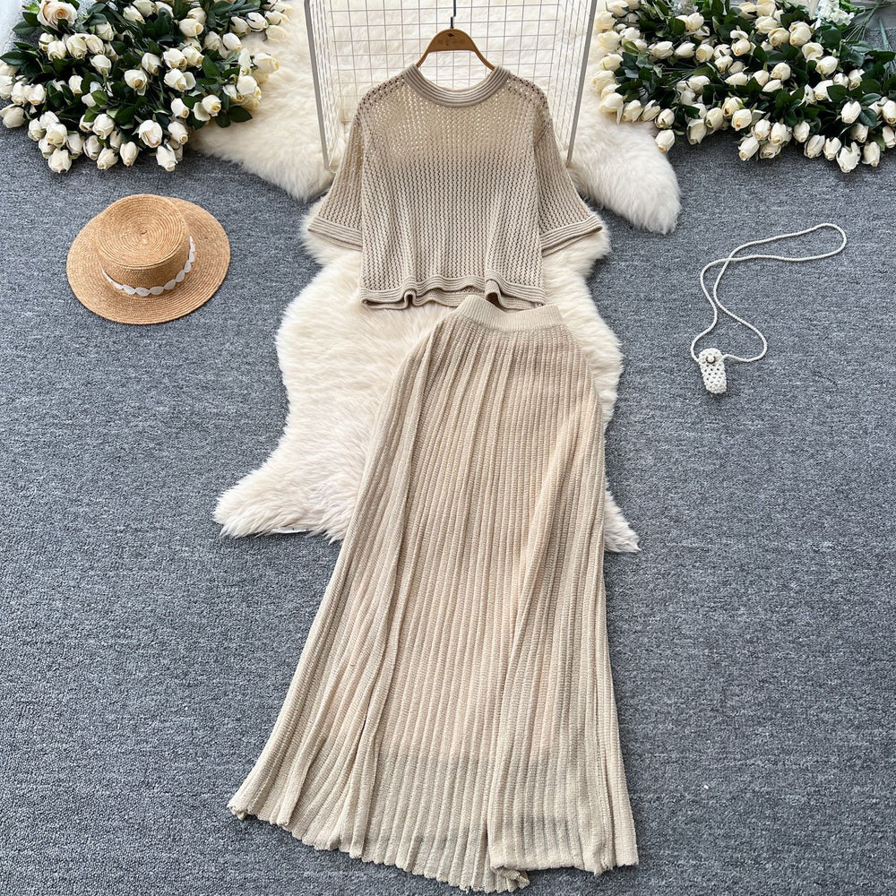 Summer outfit set for women: korean style, age-reducing, hollow-out short-sleeve knit top and high-waisted slimming midi skirt two-piece set