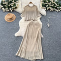 Summer outfit set for women: korean style, age-reducing, hollow-out short-sleeve knit top and high-waisted slimming midi skirt two-piece set