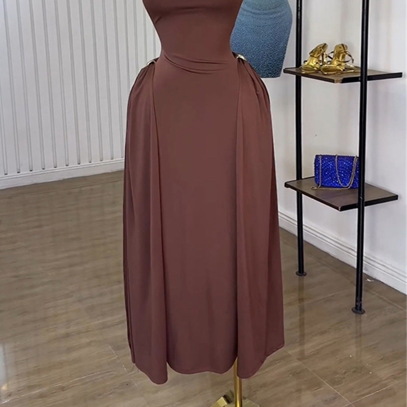 European and American  women's clothing 2025 summer new temperament semi-turtleneck high waist sleeveless medium and long brown dress
