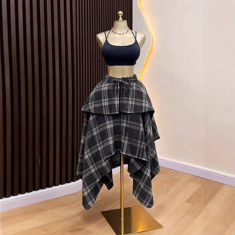 European and american cross-border women's fashion:  summer new arrival - high-waisted plaid layered midi skirt with asymmetrical hem
