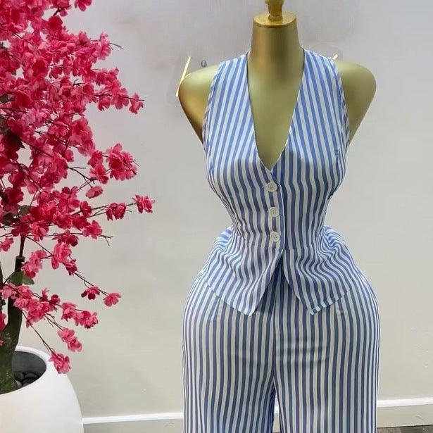 European and american cross-border women's clothing  summer new arrival: elegant v-neck blue and white striped vest top and high-waisted pants set
