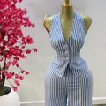 European and american cross-border women's clothing  summer new arrival: elegant v-neck blue and white striped vest top and high-waisted pants set