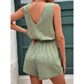 Women's knotted rope strap v-neck bodysuit sleeveless button-front tie waist short jumpsuit with pockets for beach