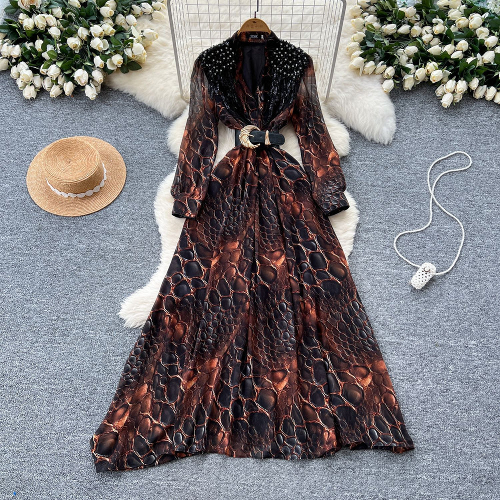 High-end fashionabledress women's french beading sequinembroiderv neck waist long sleeves leopard print printingelegance long skirt