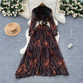 High-end fashionabledress women's french beading sequinembroiderv neck waist long sleeves leopard print printingelegance long skirt