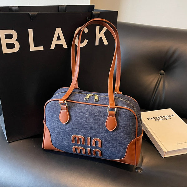 Premium light luxury denim handbag women's 2025 new bowling bag work versatile shoulder messenger bag